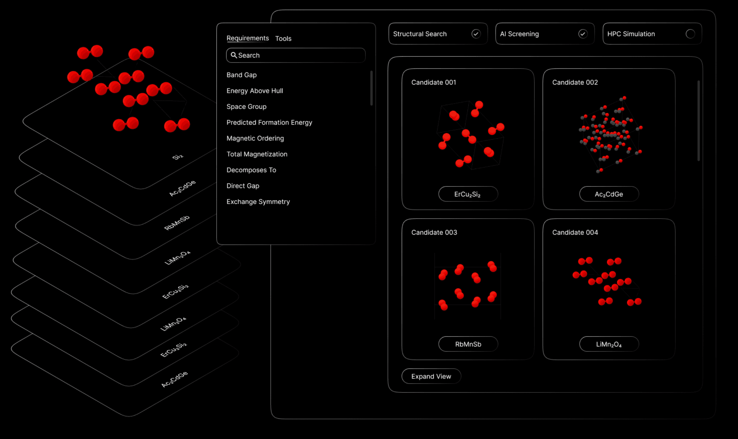 Direct Atomics material screening interface
